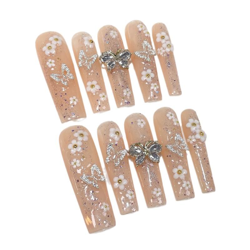 Handmade Press-On Nails Long Coffin Shape Sweet Ice-Transparent Floral Butterfly Design Women