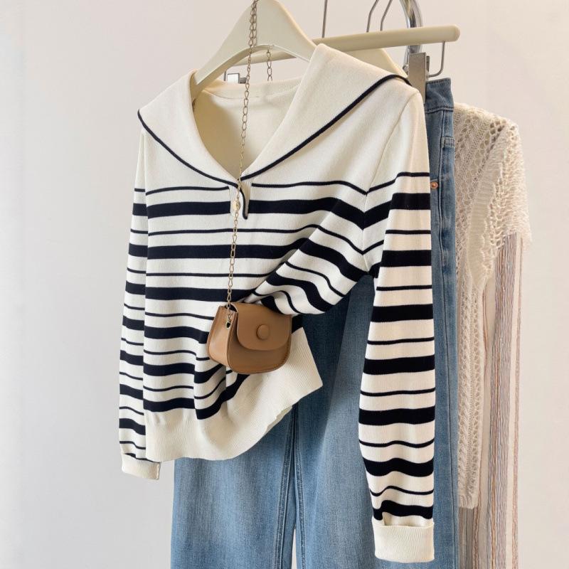 

Черно-белый полосатый вязаный свитер осень и зима новый темно-синий воротник внутренний свитер базовая рубашка топ дизайн топа one size fits all белый