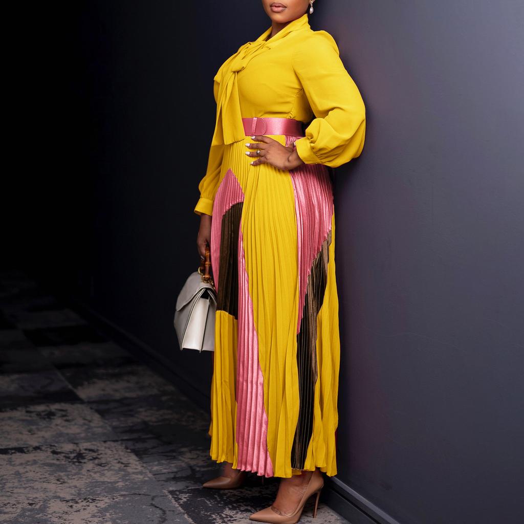 YYFS Modă Femei Primăvară Toamnă Imprimeu Bloc de Culoare Mânecă Lungă Talie Înaltă Rochii Casual