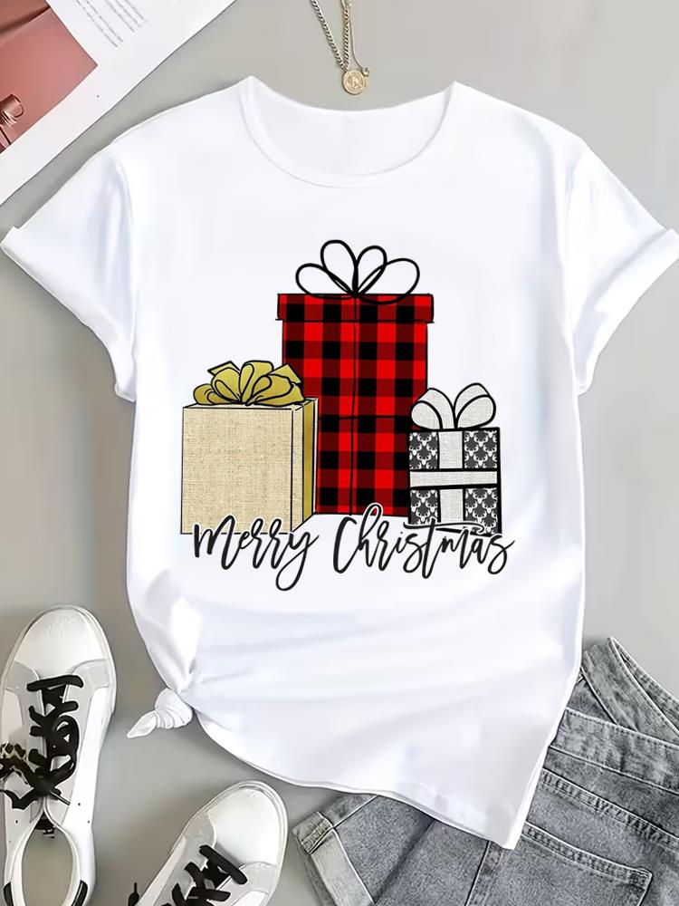 (Asian Size) Peace Trend Christmas Clothing T Shirt Tee Top Festival New Year Women Fashion Print Female Woman Short Sleeve Graphic T-shirts