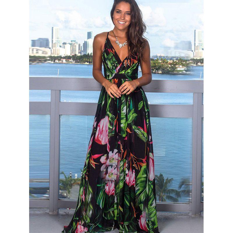 Strap Printed Beach Long Dress for Women Sling Print Beach Dress Women