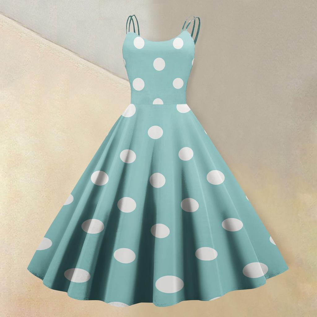 Mouwloze Stippenprint Jurk met Ronde Hals Vintage Stijl Fit and Flare Midi Jurk voor Dames Casual Kleding