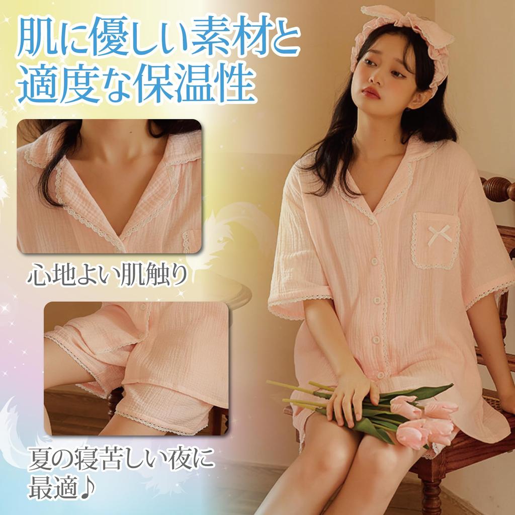 RAVIR Cotton Double Gauze Short Sleeves and Shorts Breathable and with Lace Size M Women's 100% Pajamas, Set, Moisture-Wicking Trim, Pink,