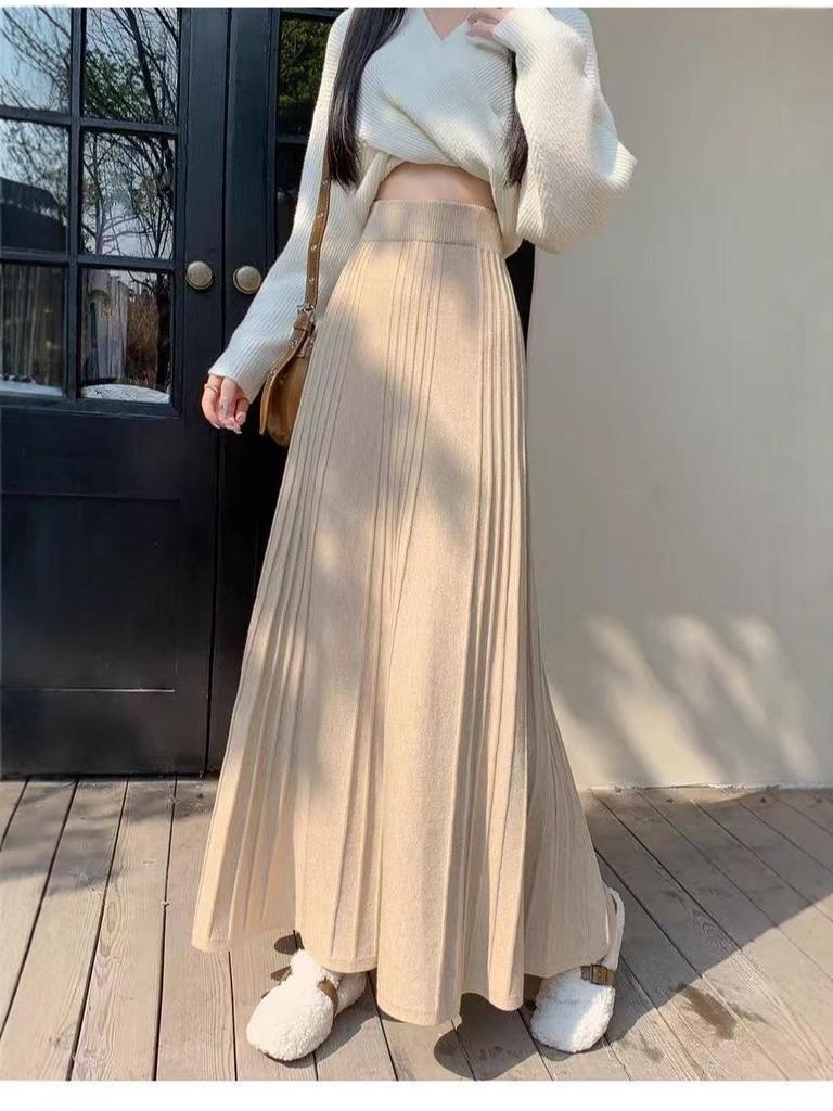Women's High-Waist Ankle-Length A-Line Knitted Pleated Skirt - Autumn/Winter