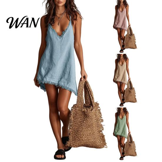Party Dress Women Short Summer Fringed Deep V Neck Sleeveless Slip Elegant Casual Loose Boho Beach Spaghetti Strap Above Knee Mini