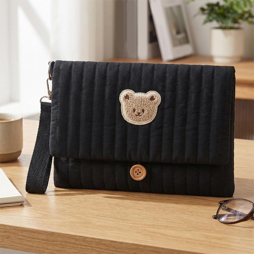 Cute Bear Embroidery Diaper Clutch Bag Foldable Quilted Diaper Pouch Multiple Pockets with Wipes Pocket Travel Essential for Mom