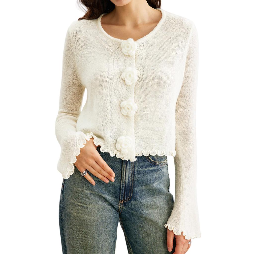 Women's Fashion Casual Long Sleeve Solid Color Three-Dimensional Flower Slim Fit Ruffle Hem Pullover Knit Top