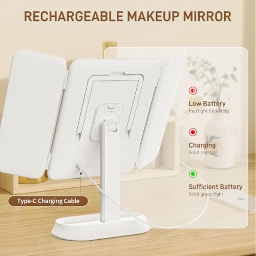 Vanity Mirror with Lights Rechargeable Lighted Makeup Mirror with 1X 3X 5X Magnification Smart Touch 3 Colors Dimmable Portable