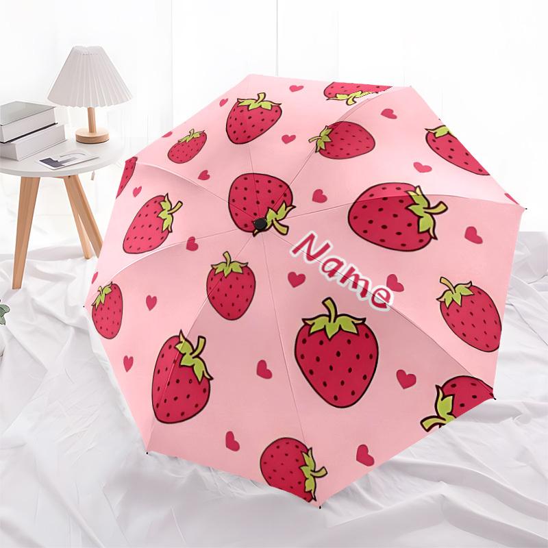 1pc Strawberry Heart Custom Name Automatic Folding Umbrella, Durable Plastic & Iron, Lightweight for Outdoor Daily Use S1230071