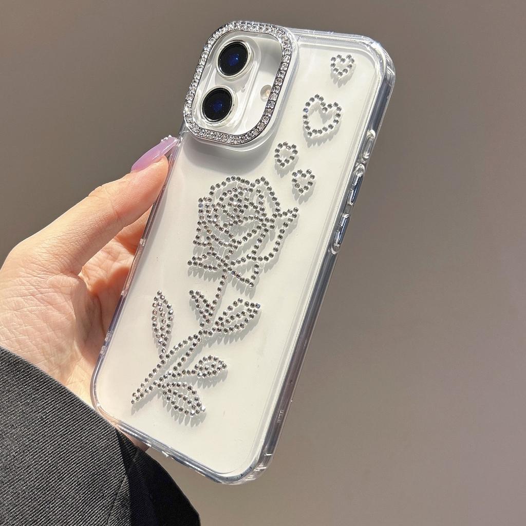 Diamond Rose Case For iPhone 14 Pro 15 ProMax 16 Pro Max Glitter Transparent Cover Funda For iPhone 13 12 11 Luxury Phone Shell
