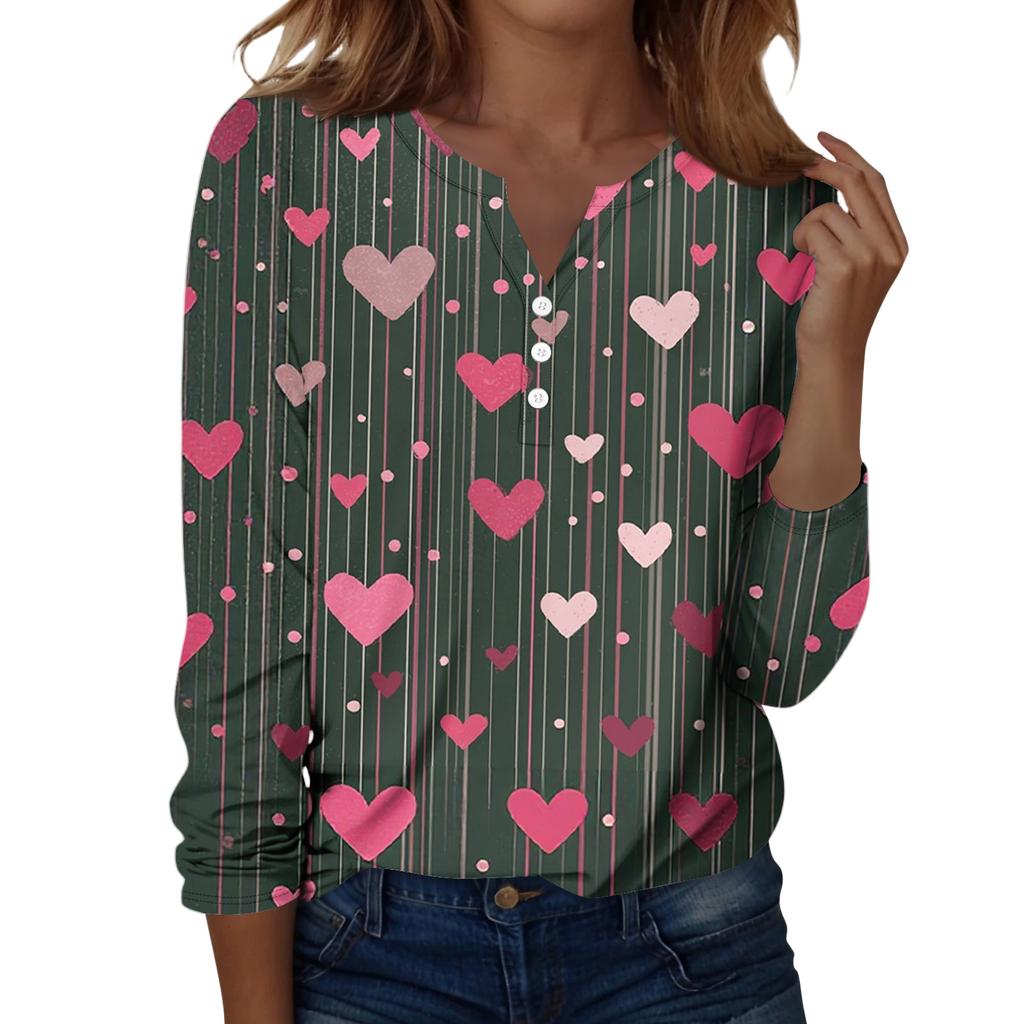 Damen T-Shirt mit Weihnachtsdruck, Knopfleiste, lange Ärmel, für den Alltag, Wochenende, modisch, Basic, V-Ausschnitt, normales Oberteil