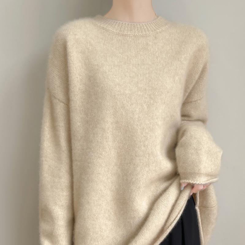 100% Pure Wool Women's Round Neck Knit Sweater - Long Sleeve, Loose, Lazy Style for Autumn/Winter