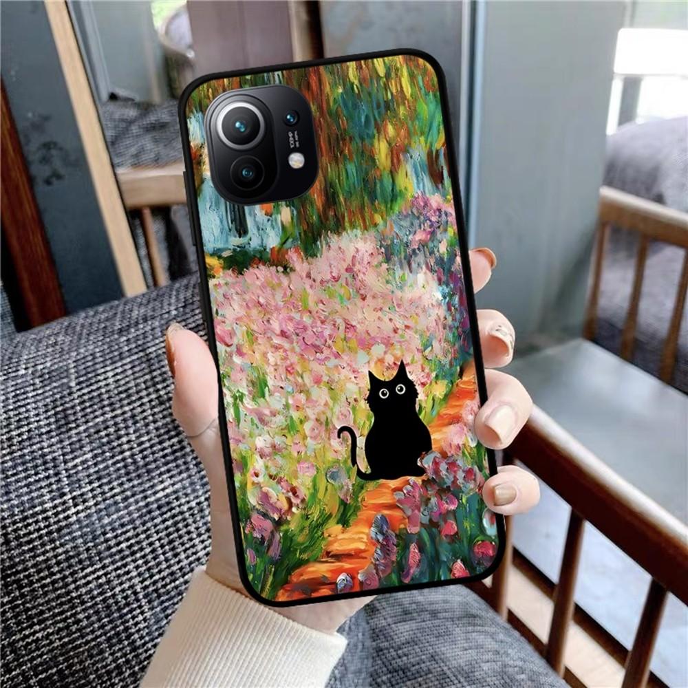 Cartoon Animal Black Cat Oil Painting Phone Case For Xiaomi Mi 5X 8 9 10 11 12 Lite Pro 10T PocoX3pro PocoM3 Note 10 Pro Lite