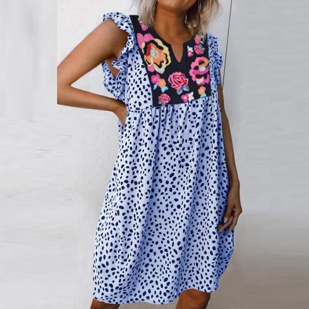 

Womens Sleeveless Floral Loose Fit Ruffle Summer Leopard Beach Dress(S-3XL) XXL синій