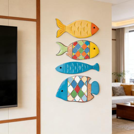 4 szt. Drewniane ryby Dekoracja ścienna Morska Nadmorska Wisząca Sztuka ścienna Rustykalny Motyw plażowy Rzeźba ścienna do łazienki Dom nad jeziorem