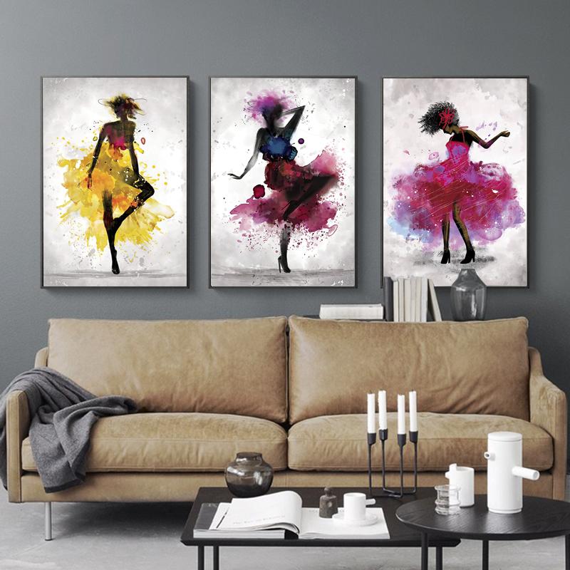 Mulher negra dançando pôster abstrato aquarela tela arte de parede pinturas decorativas impressões imagem sala de estar decoração nórdica