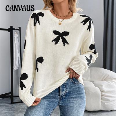 Women's Casual Round Neck Bow Jacquard Fall and Winter Sweater