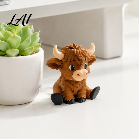 Highland Cow Figurines 3D Printed Figurines Cartoon Sitting Sculpture Cute Animal Fun Gifts Ornament for Desk Decoration Creative Desktop