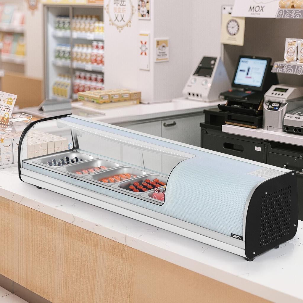 Sushi Display Case Refrigerator, 52L Commercial Sushi Case, 5-Pan Countertop Showcase with Curved Glass, LED Lighting, and Digital Temperature