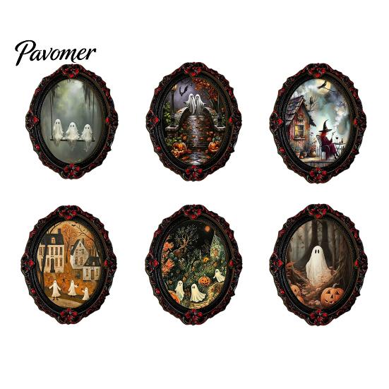Decorative Metal Cabinet Stickers Halloween Wooden Refrigerator Magnets, Vintage Gothic Oval Frame Fridge Magnets with Witch Niche Holiday Souvenir