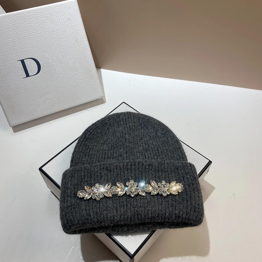 2024Mode Damen Wintermütze Echtes Kaninchenfell Gestrickte Mützen Diamanten Blume Damen Freizeit Hüte Warme Wolle Skullies Beanies