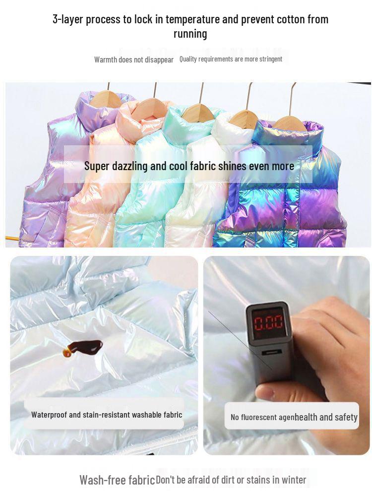 Waschfreie glänzende Daunenweste für Jungen und Mädchen mit Stehkragen - Herbst/Winter