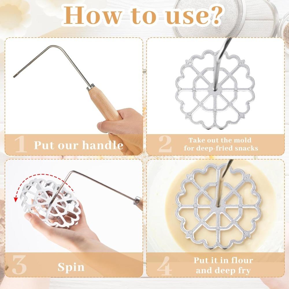 3pcs Bunuelos Mold with Handle Aluminum Achappam Mold Rosette Maker Kit Cookie Cake Tool Cast Waffle Rosette Iron Set Cooking Stamp Maker Kit