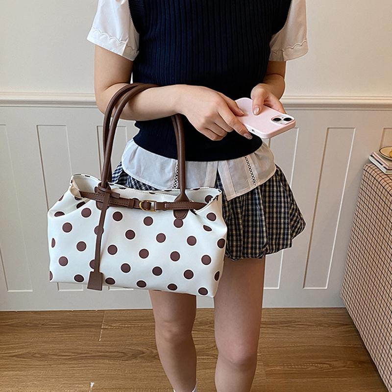 Koreanische Gepunktete Tragetasche mit Gürtelschnallen-Detail Damen Große Kapazität Lässige Umhängetasche Stilvolle Tägliche Pendler Arbeit Handtasche