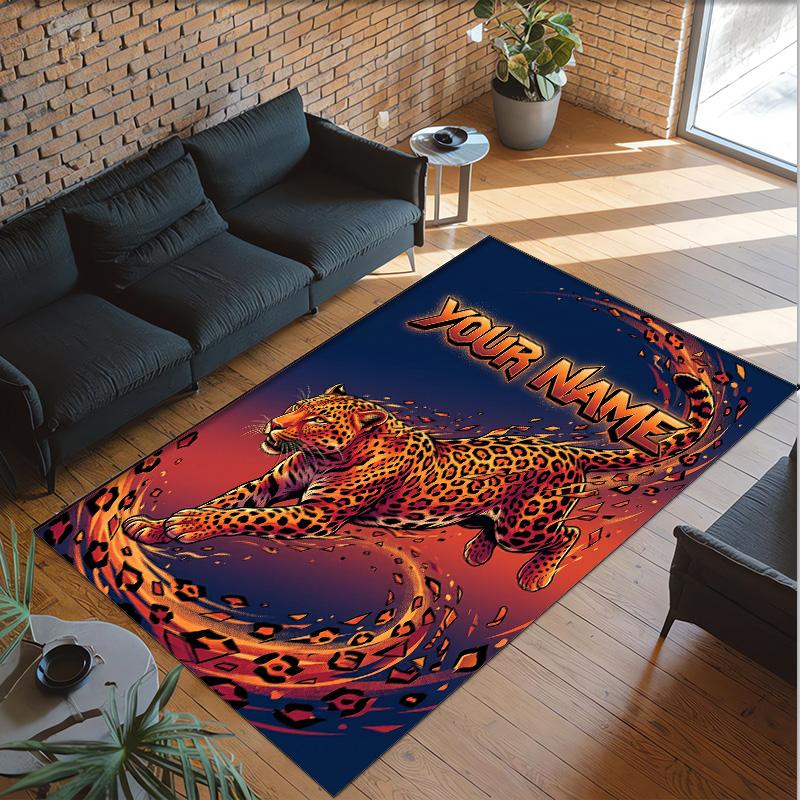 Leopard Theme Crystal Velvet Floor Rug Personalized Custom Name Text Warm Carpet Home Decoration