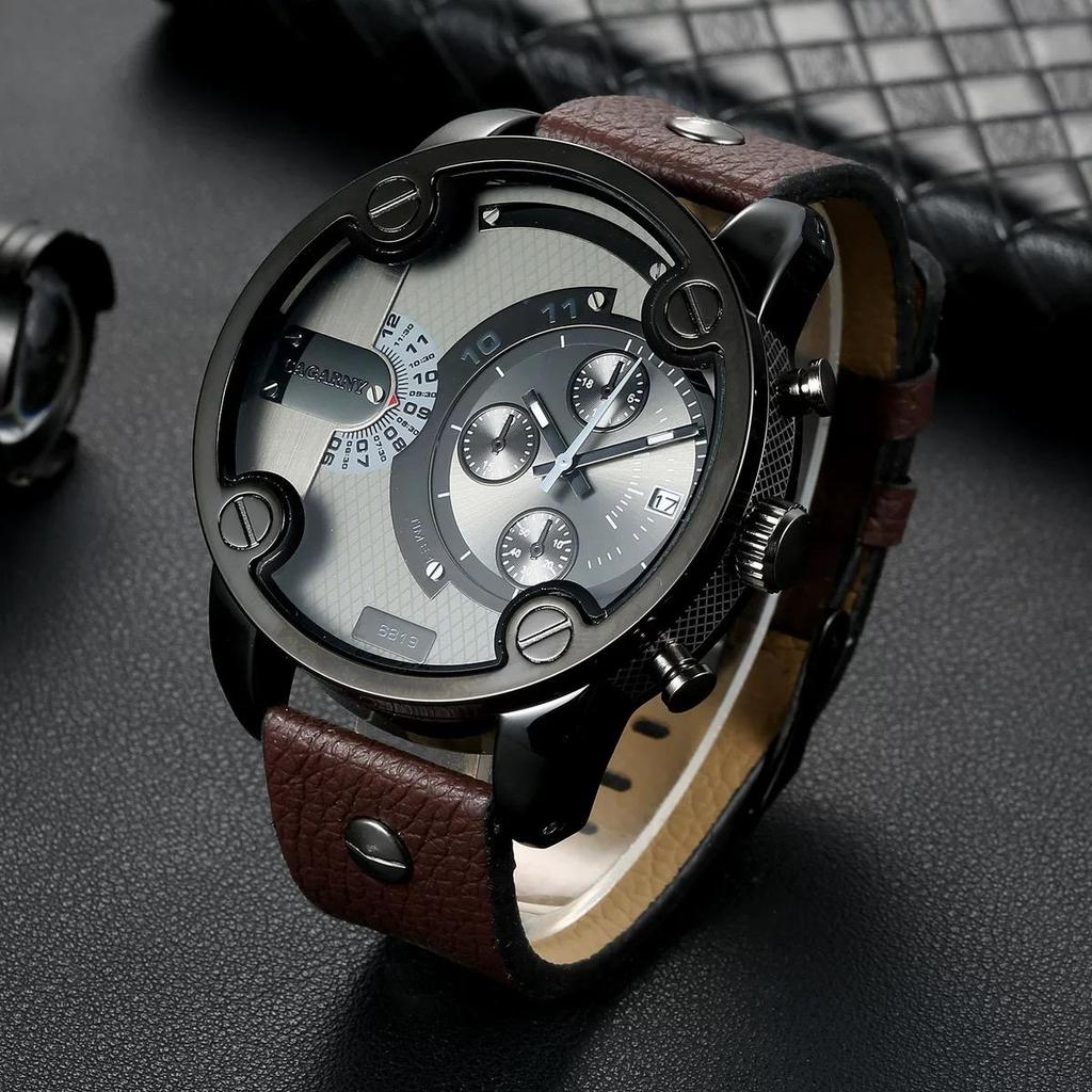 Luxury Cagarny Quartz Watch Men Black Leather Strap Golden Case Dual Times Military dz Relogio Masculino Casual Mens Watches Man
