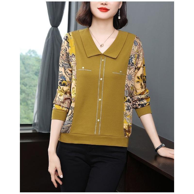 Autumn New Long-sleeved Bottoming T-shirt for Women Thin Large Size Loose and Stylish Age-reducing Lapel Fashion Top