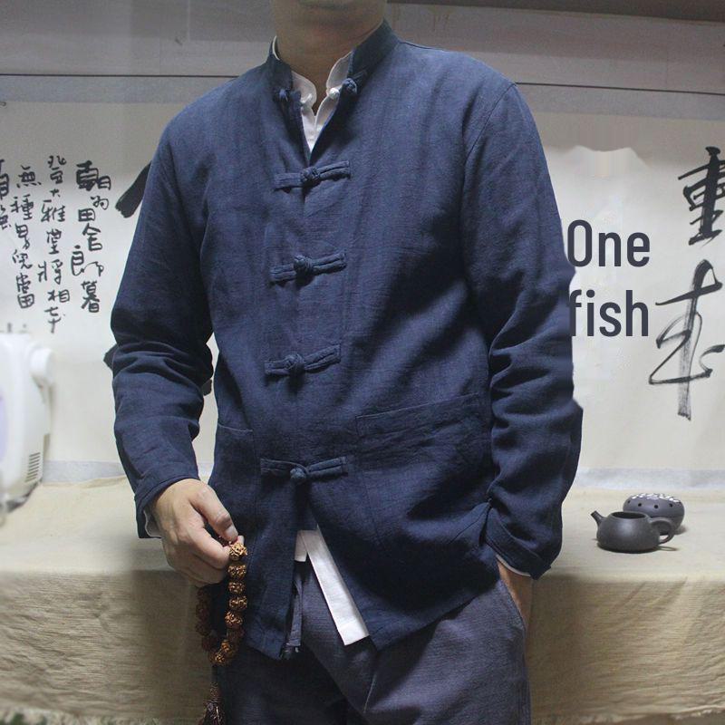 Men's Retro Linen Shirt Jacket with Chinese-Style Buttons for Spring and Autumn