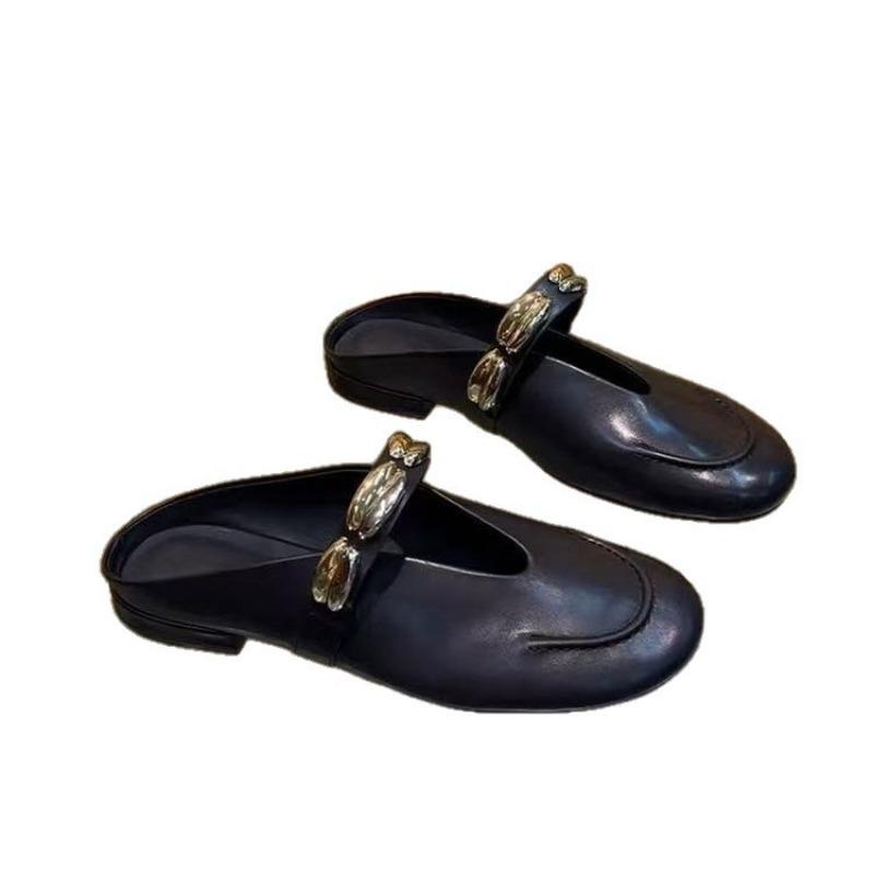 Metal Buckle Bag Head Half Slippers Women Summer Wear Imitation Leather Lazy Shoes Thick Heel Cool Slippers