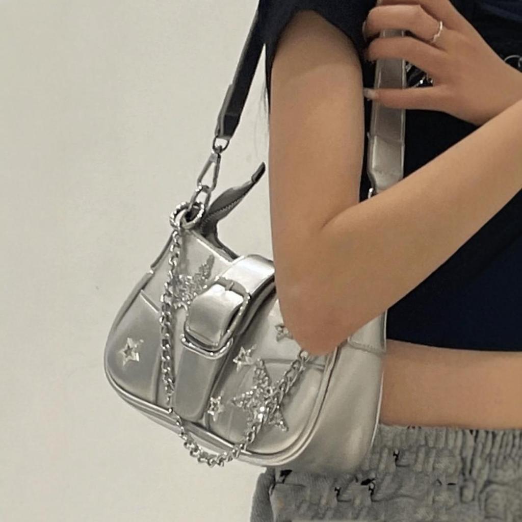 Vintage Koreanisch Lässig Niedlich Silber Y2k Stern Schultertasche Unterarm Tragetasche Damen Umhängetaschen PU Leder Damen Geldbörsen Handtaschen Neu