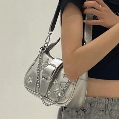 Vintage Koreanisch Lässig Niedlich Silber Y2k Stern Schultertasche Unterarm Tragetasche Damen Umhängetaschen PU Leder Damen Geldbörsen Handtaschen Neu