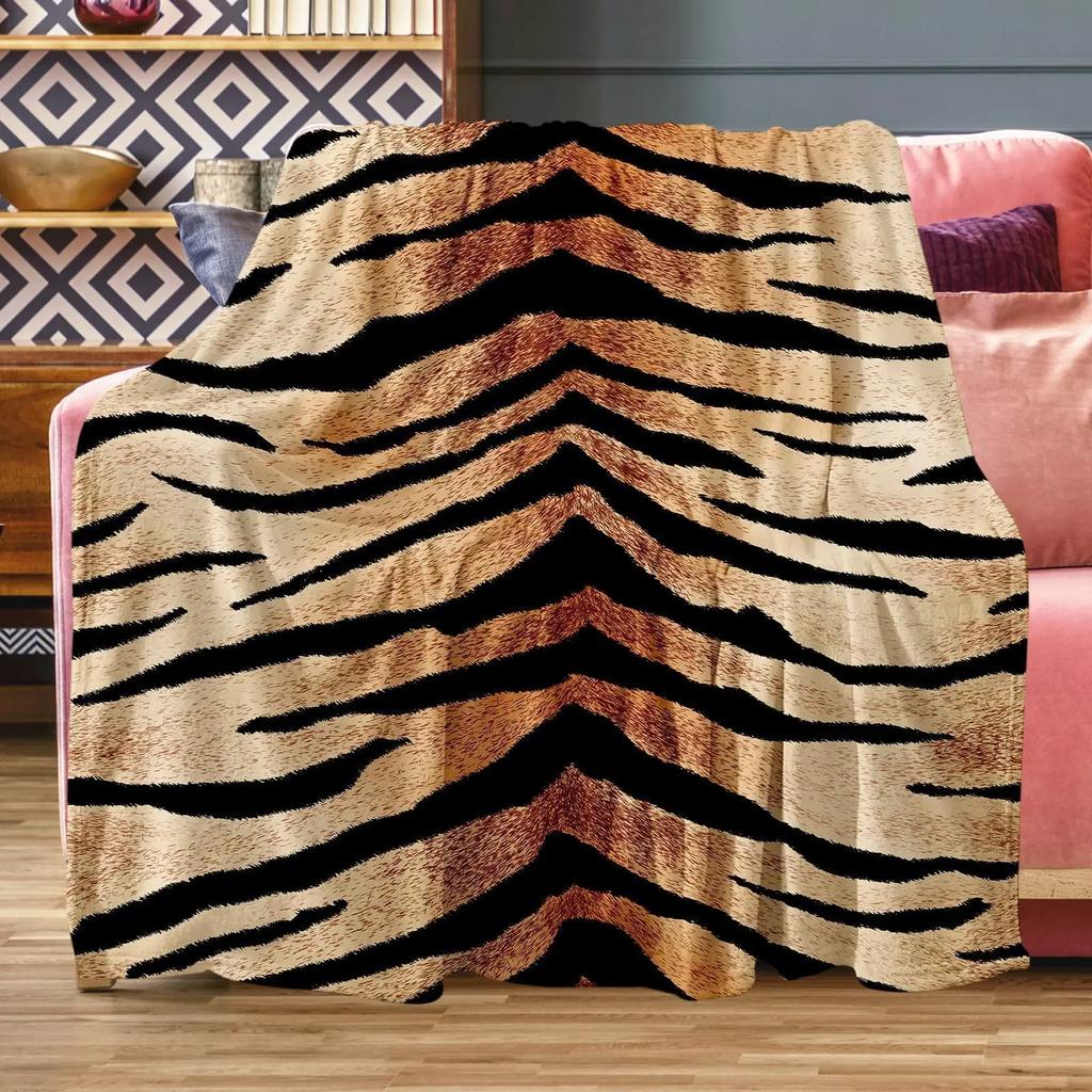 Realistic Tiger Skin Print Flannel Throw Blanket - Portable Warm for Bed/Rug, King Size, Animal Decor Textile