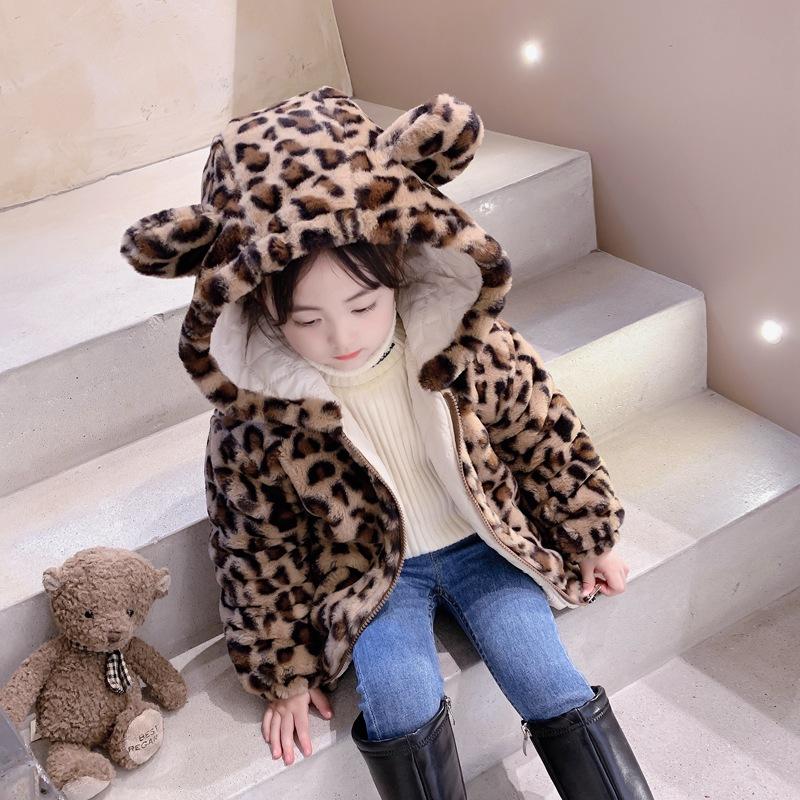 Inverno Meninas Quentes Grossas Jaquetas Com Capuz De Pele Estampa De Leopardo Crianças Bonito Parkas Menina Casacos Ao Ar Livre Bebê Menina Zíper Sobretudo 2-10 Anos