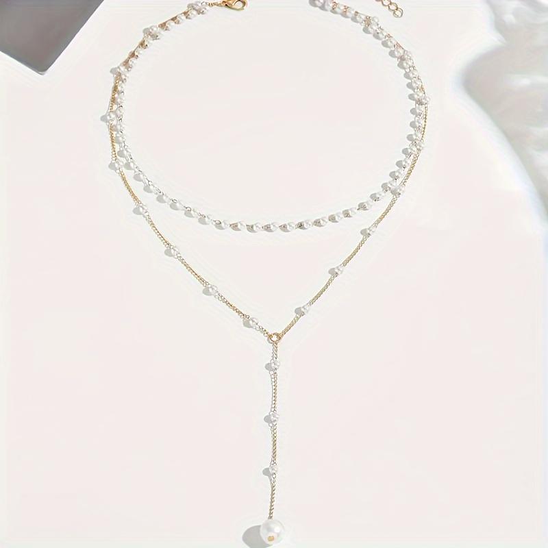 Women Elegant Layered Y-Shape Necklace with Faux Pearl Accents, Sexy Tassel Pendant, Versatile for Daily Wear & Parties