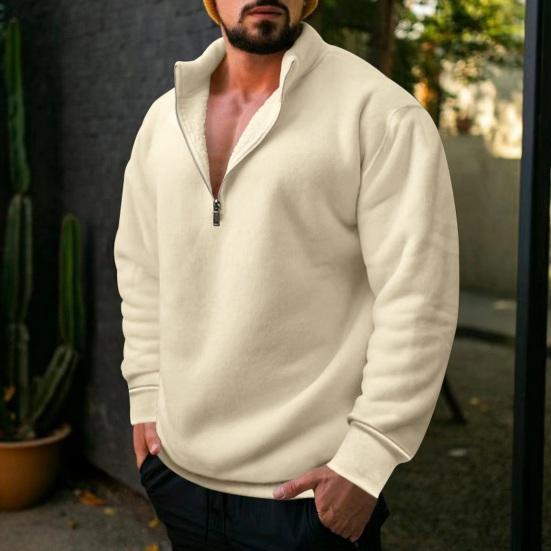 Suéter masculino de lã com meio zíper, cor sólida, à prova de vento, outono inverno, manga comprida, moletom com lapela