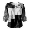 Women's Casual Patchwork Print Round Neck Three Quarter Sleeve Linen Cotton Blouse Lightweight Loose Fit Top for Everyday Wear