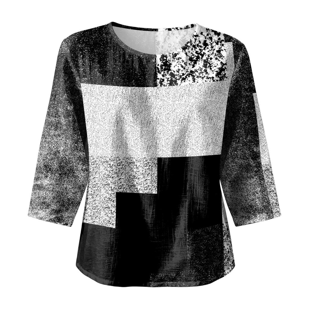 Women's Casual Patchwork Print Round Neck Three Quarter Sleeve Linen Cotton Blouse Lightweight Loose Fit Top for Everyday Wear
