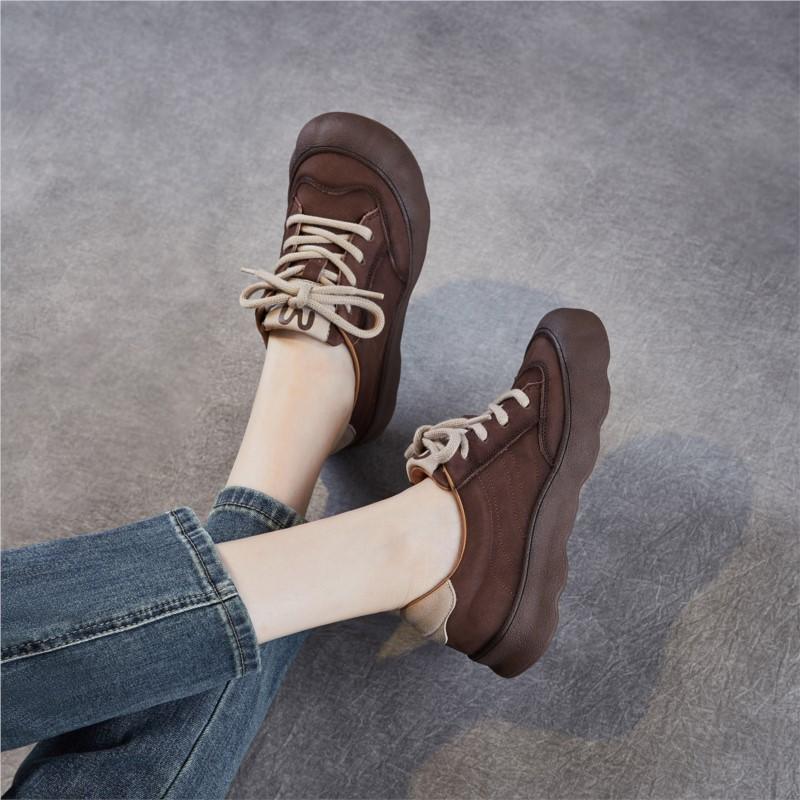 Johnature Retro Genuine Leather Soft Soled Women's Shoes Versatile Lace Up Flat Casual Shoes