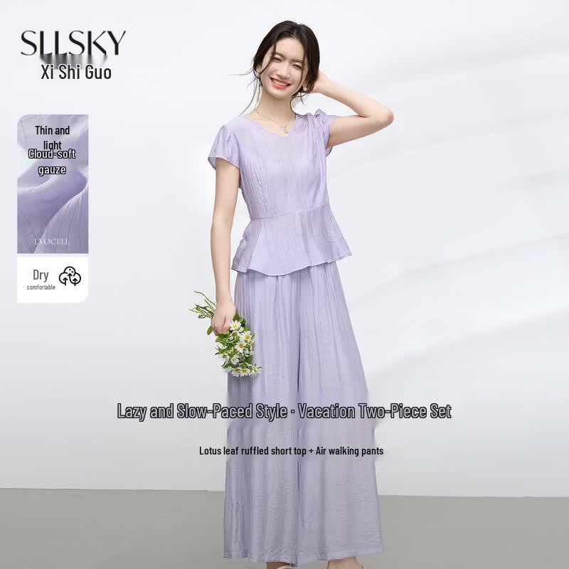 sllsky Chic Lightweight Purple Ruffle Top & Wide-Leg Pants Set M