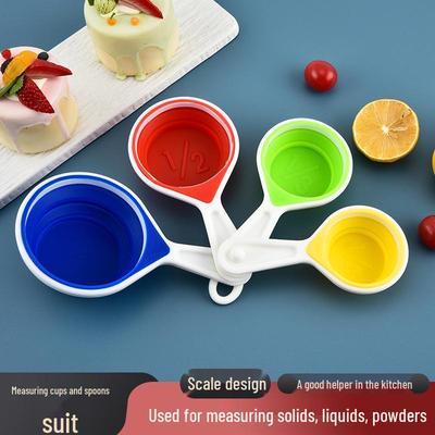 Collapsible Silicone Measuring Cup & Spoon Set, 4-Piece - Colorful with Scale Markings for Kitchen Baking