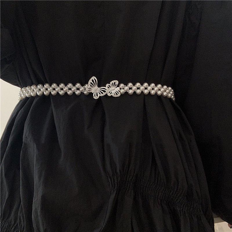 Women's Pearl Elastic Waist Chain for Hanfu and Korean Style Outfits - Versatile Woven Beaded Slimming Accessory