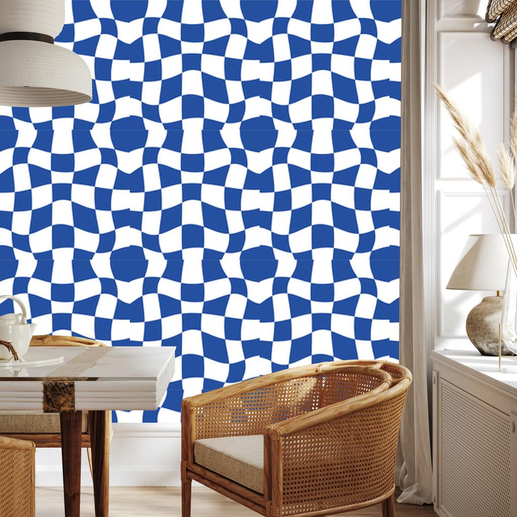 Wallpaper Casual Checkerboard Blue for Living Room and Bedroom 50x1000