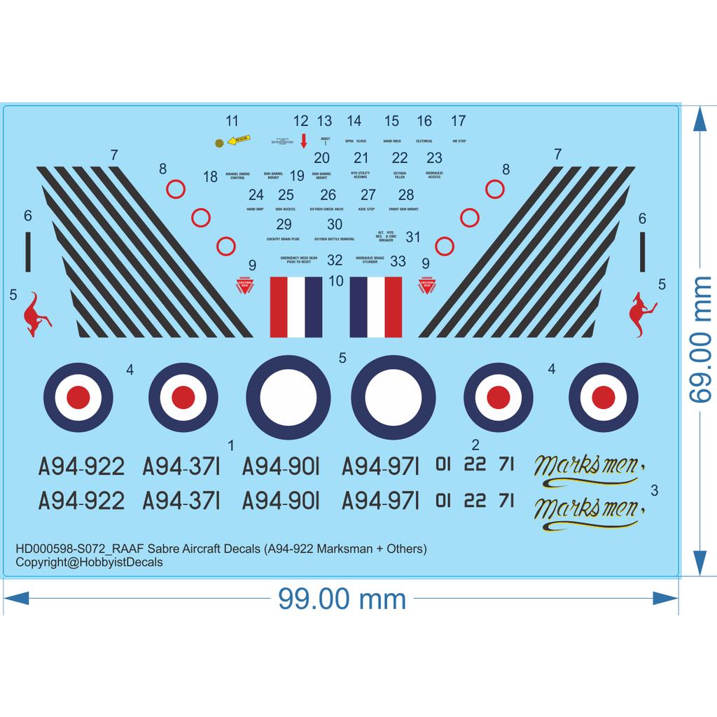 RAAF Sabre Aircraft Decals (A94-922 Marksman + Others) - 1/32 1/48 1/72 - WD - Waterslide, 1/18