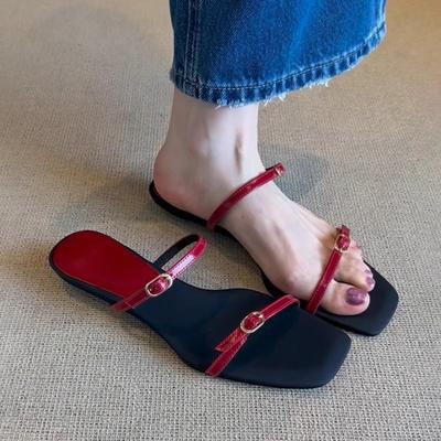 Minimalist Edition~ Retro Red Temperament One-Word Slippers Women's Head Open Toes 2025 Summer Versatile Flat Sandals