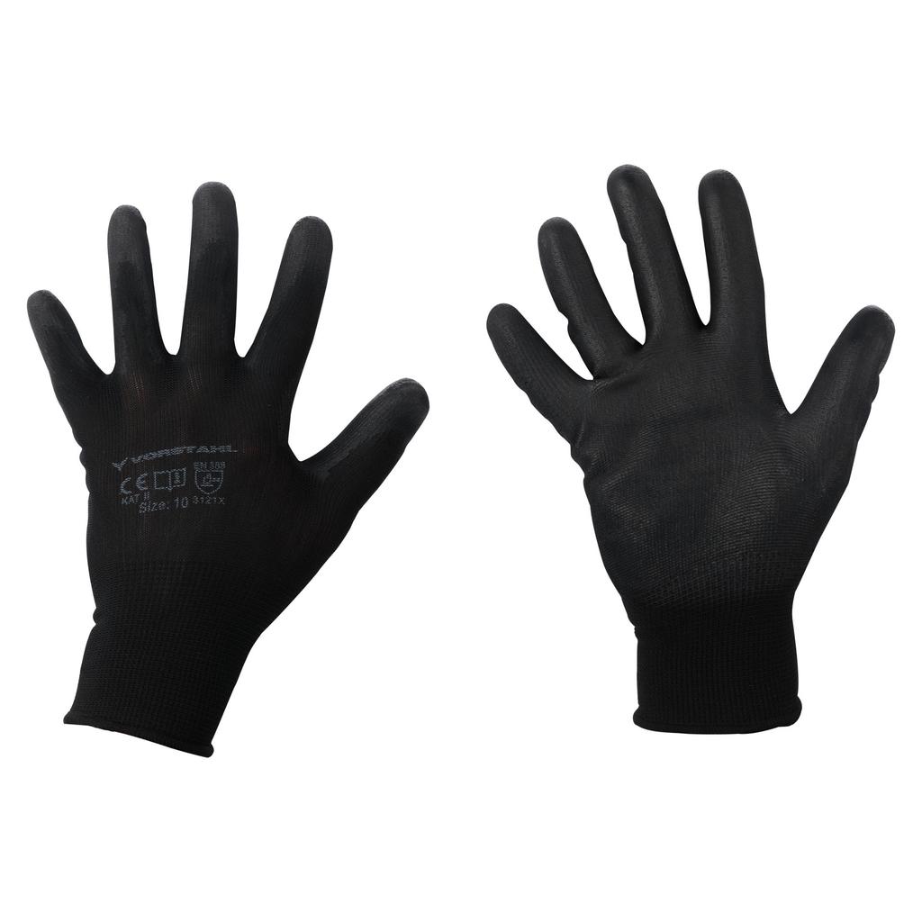 Polyester gloves with polyurethane, black, pack of 12, size 9, Vorstahl quality