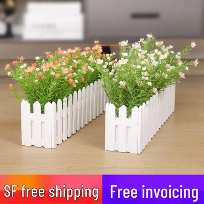 Silk Flower Pot with Wood Fence: Decorative Bonsai for Living Room or Office.